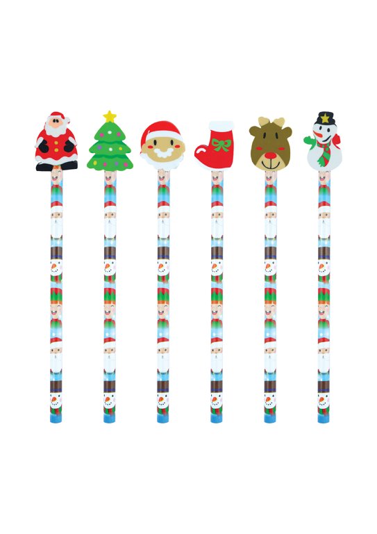 Christmas Pencils with Eraser Toppers (6 Assorted)
