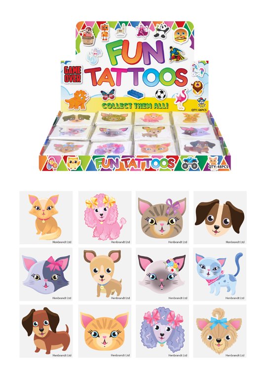 Mini Cats and Dogs Temporary Tattoos (4cm) 12 Piece Packs