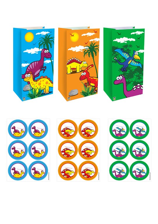 Dinosaur Paper Party Bags with Stickers (3 Assorted Designs)