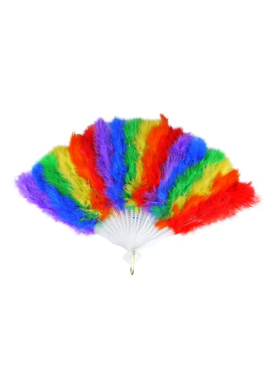 Rainbow Pride Folding Feather Fan with White Handle