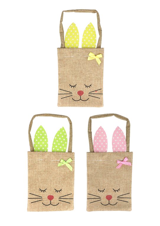 Easter Rabbit Hessian Bags (18.5cm x 14cm) 3 Assorted Colours