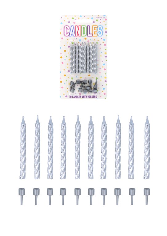 10-Pack Silver Party Candles with 10 Holders (6cm)