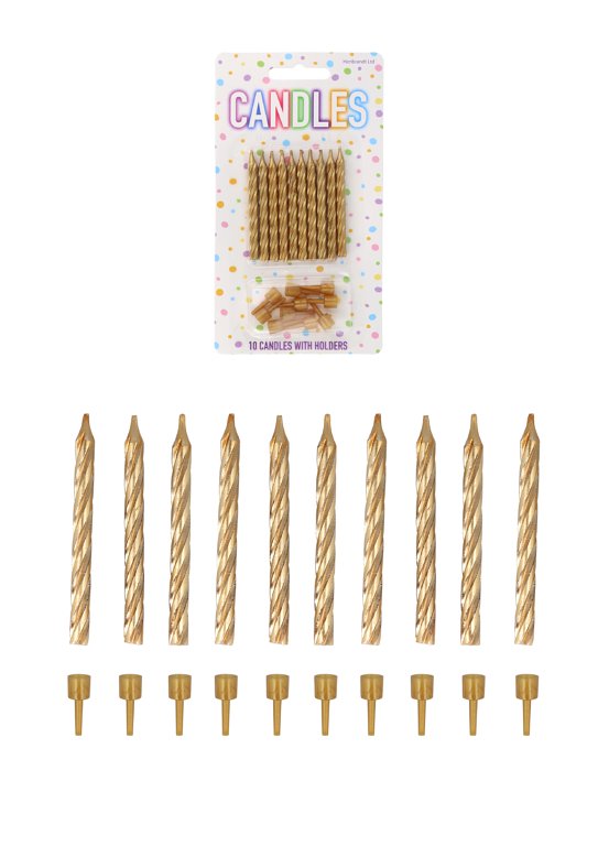 10-Pack Gold Party Candles with 10 Holders (6cm)