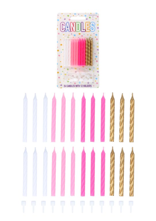 24-Pack White, Pink and Gold Party Candles with 12 Holders (6cm)