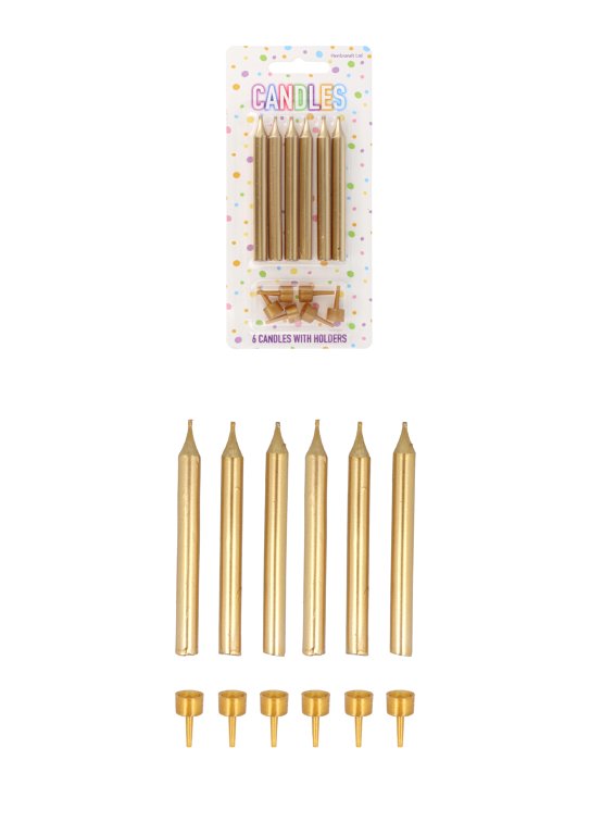6-Pack Gold Party Candles with 6 Holders (7.8cm)