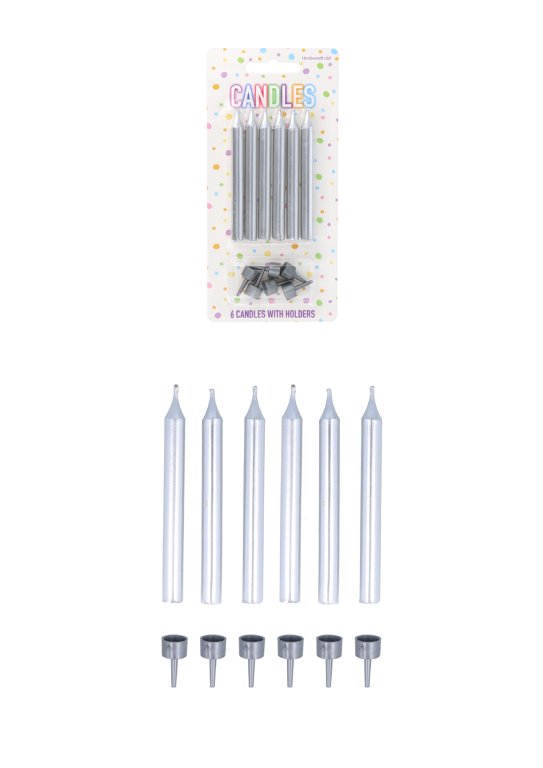 6-Pack Silver Party Candles with 6 Holders (7.8cm)