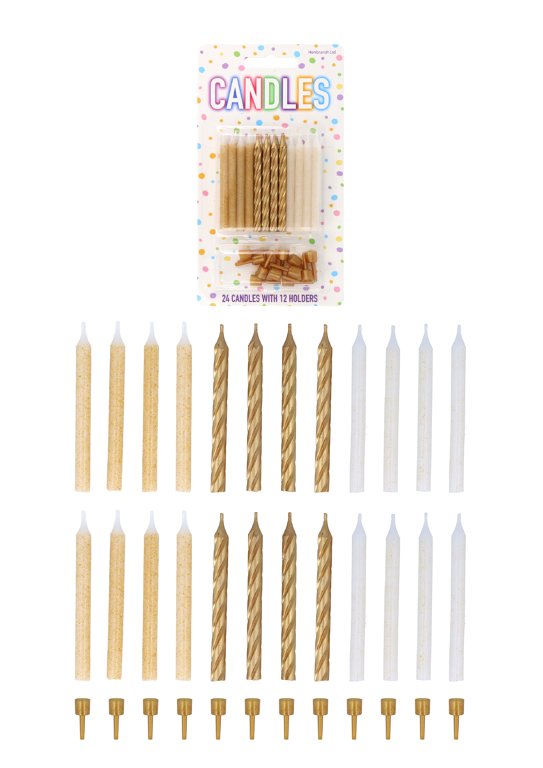 24-Pack Gold Party Candles with 12 Holders (6cm) 3 Assorted Styles