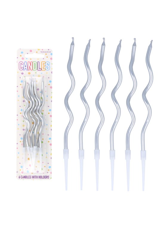 6-Pack Silver Tall Wavy Party Candles with Holders (12cm)